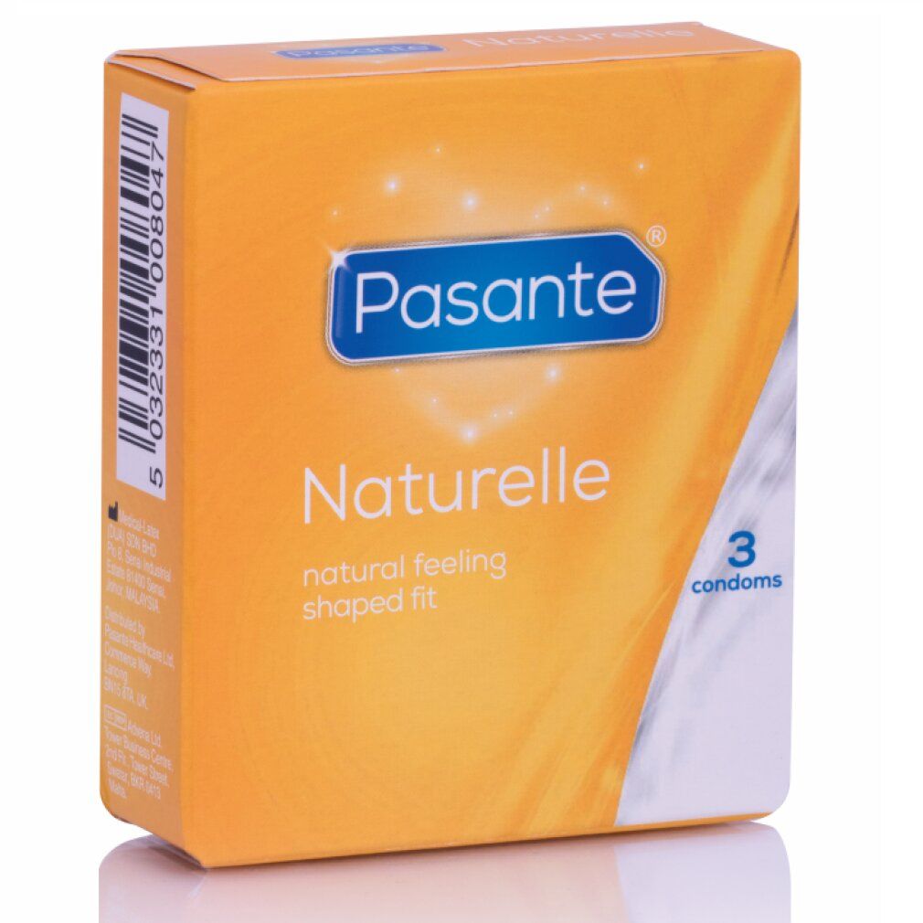 Gelbe Schachtel mit Pasante Naturelle Kondomen. Enthält 3 Kondome. Aufschrift: natural feeling shaped fit.
