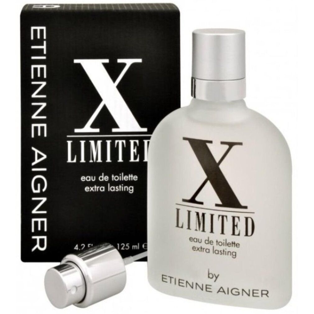 Etienne Aigner X Limited Eau de Toilette Flakon und Schachtel. Flakon mit silbernem Sprühkopf, Schachtel daneben.