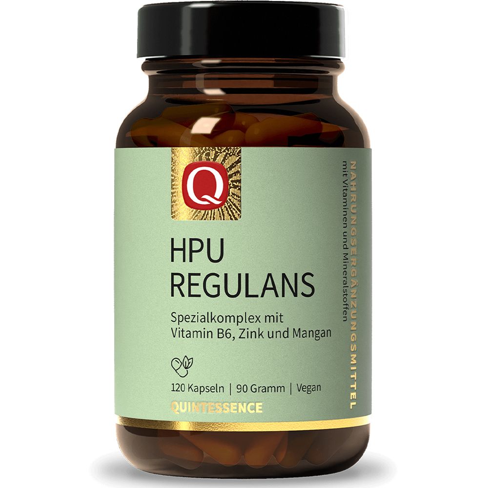 Braune Glasflasche mit grünem Etikett, HPU Regulans Kapseln, 120 Stück, 90 Gramm, vegan.