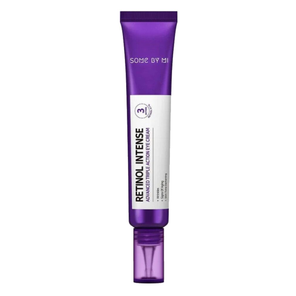 Lila Tube SOMEBYMI Retinol Intense Advanced Triple Action Eye Cream mit Applikator und '3'-Symbol.