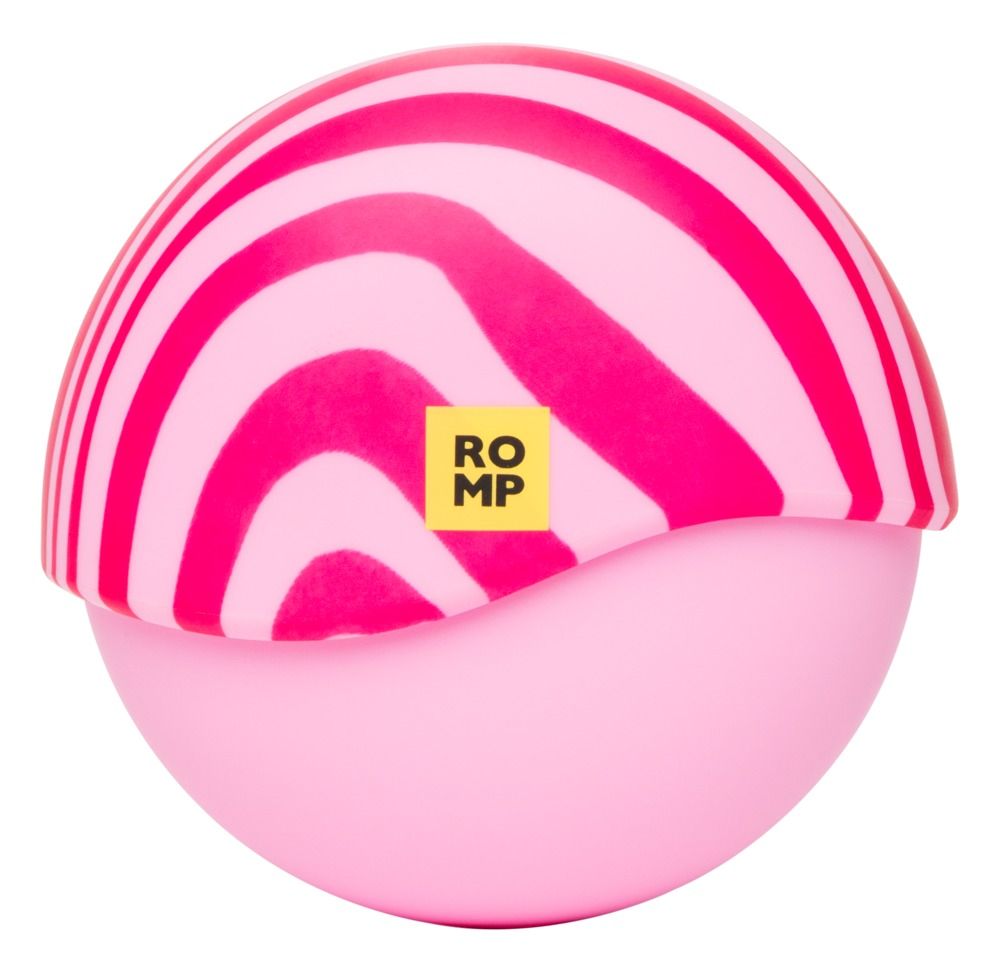 Rosa Vibrator mit pinken Streifen. Gelbes ROMP Logo. Runde Form. Pinke Basis.