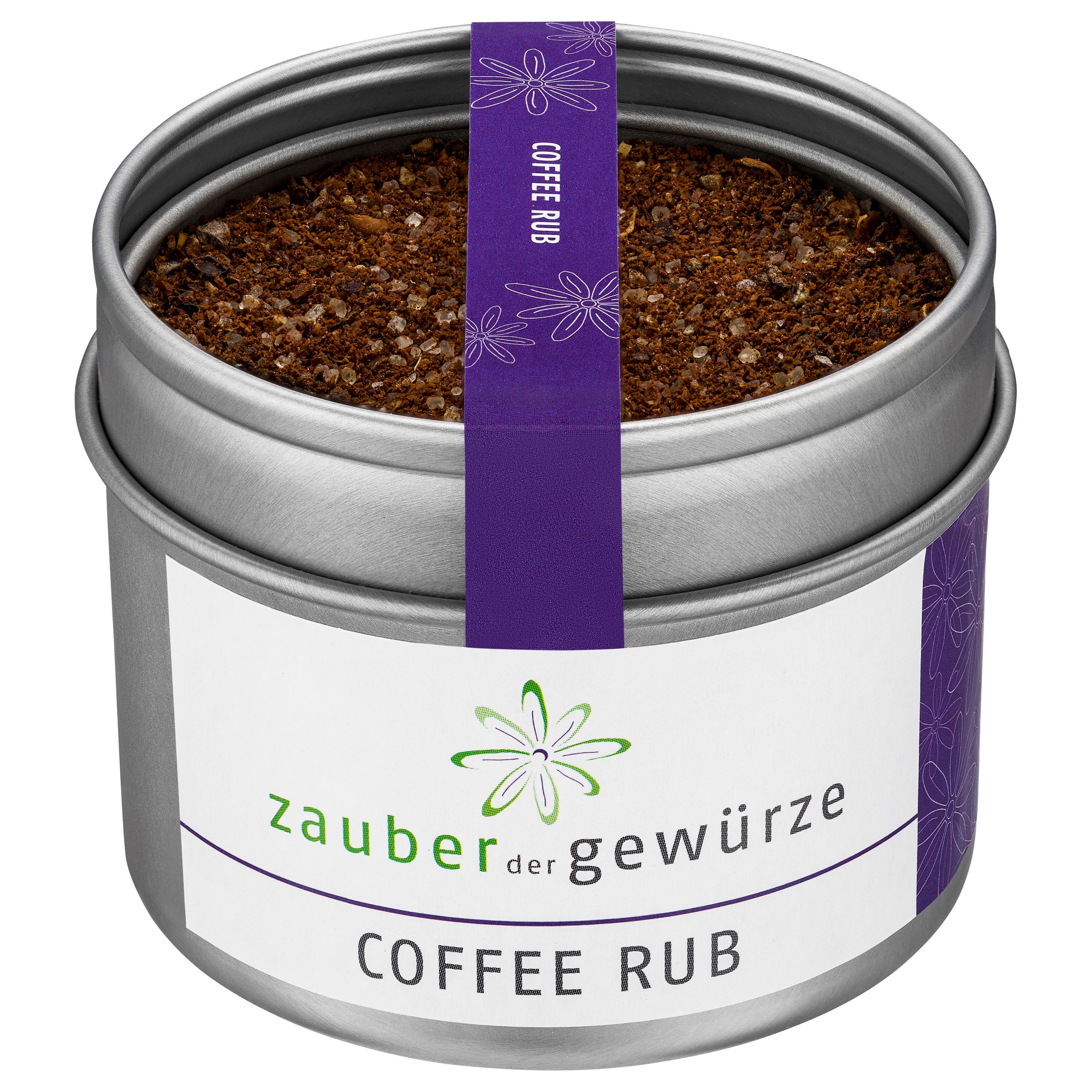 Runde Dose mit "Zauber der Gewürze Coffee Rub". Violettes Band mit Schriftzug. Dose gefüllt mit braunem Rub.