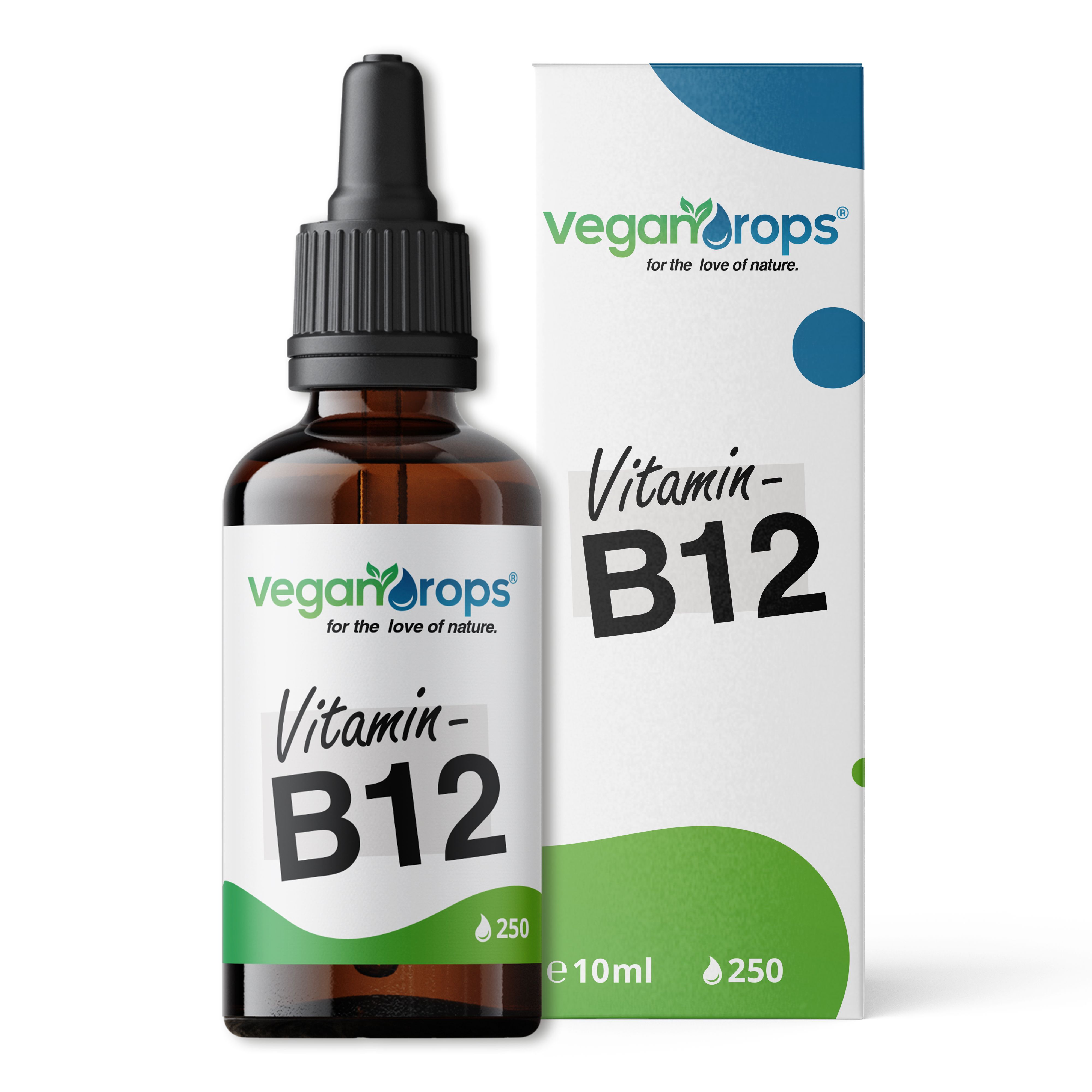 Braune Glasflasche mit Tropfer und Karton. Aufschrift: Vegan Drops Vitamin B12. Grüne und weiße Etiketten. Tropfenflasche und Verpackung.