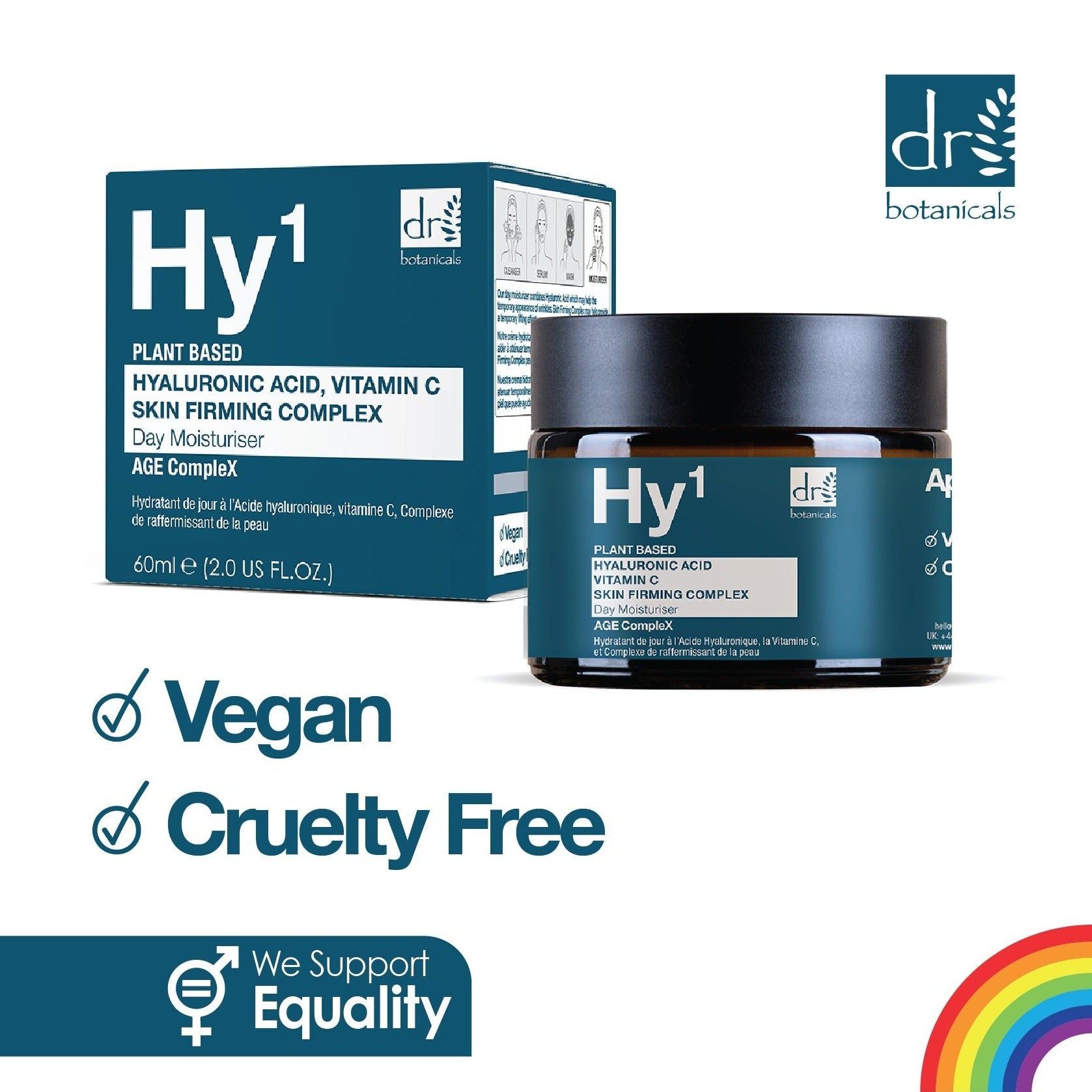Produkt, Verpackung und Text. Aufschrift: Hy1, Dr Botanicals, Hyaluronsäure, Vitamin C, Skin Firming Complex. Vegan, Cruelty Free.