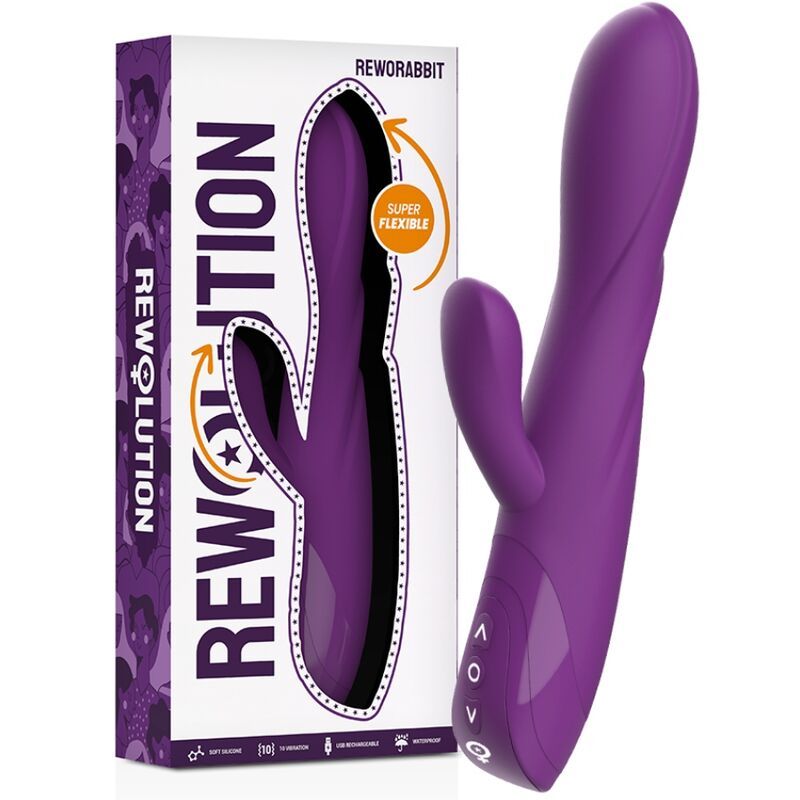 Lila Vibrator neben Verpackung. Verpackung mit Produktbild und Schriftzug REWOLUTION.