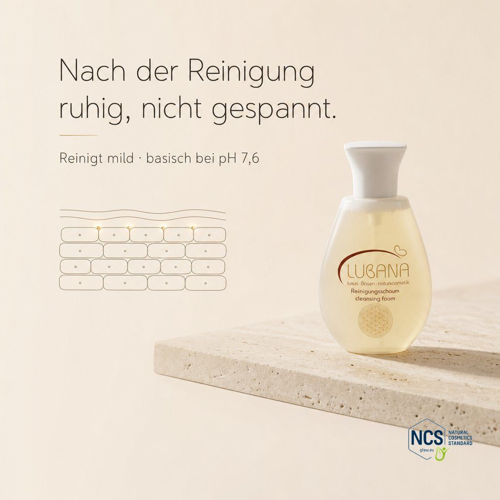 Lubana Reinigungsschaum Flasche mit Hautschichten-Grafik.