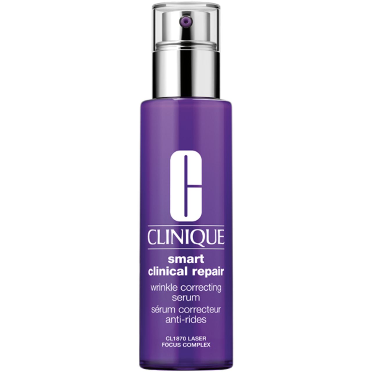 Lila Flasche mit silbernem Pumpkopf. Weißes Clinique-Logo und Produktname. Text: Smart Clinical Repair Wrinkle Correcting Serum.
