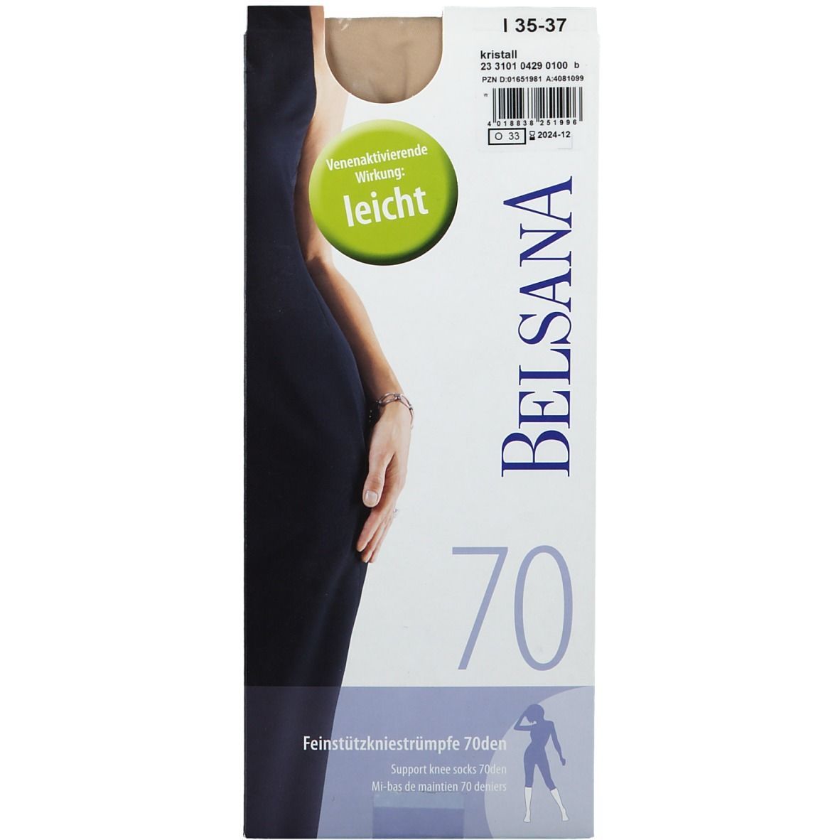 Belsana 70den Feinstützkniestrümpfe, Größe 1, Schuhgröße 35-37, Kristall. Verpackung mit Produktabbildung und Text.
