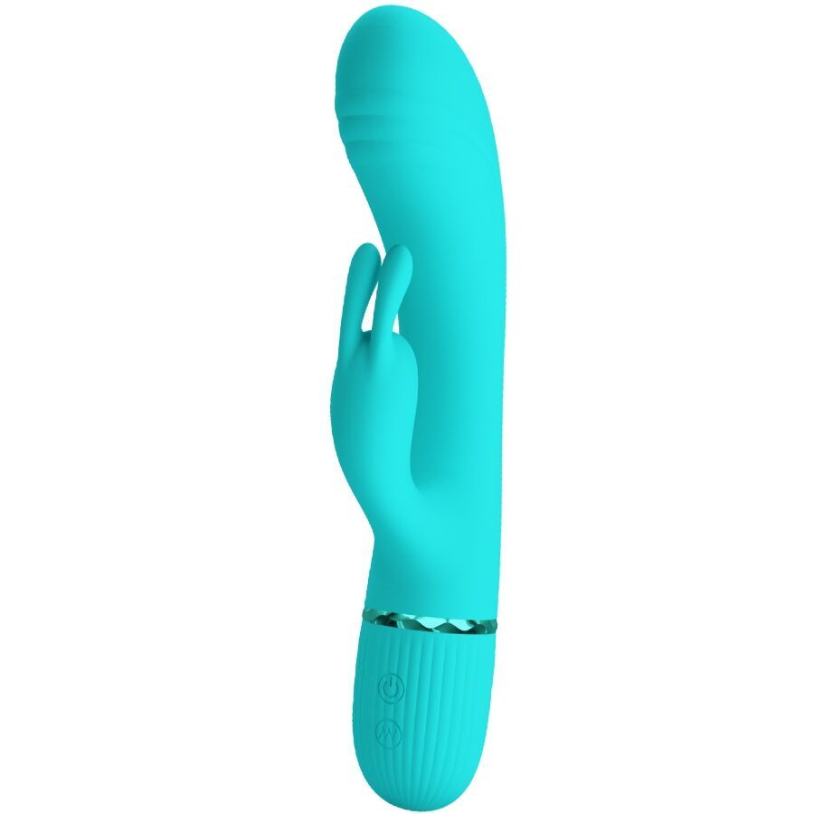 Türkisfarbener Vibrator mit Kaninchenohren-Design. Geriffelte Basis, glatte Oberfläche und Bedienknöpfe.