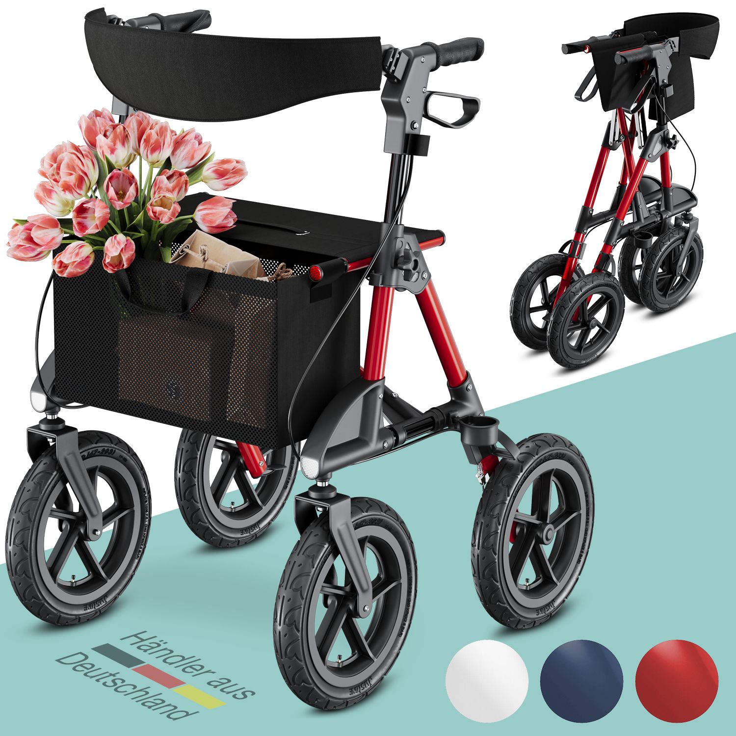 Rollator mit Korb, rotem Rahmen, schwarzen Rädern. Blumen im Korb. Händler aus Deutschland.