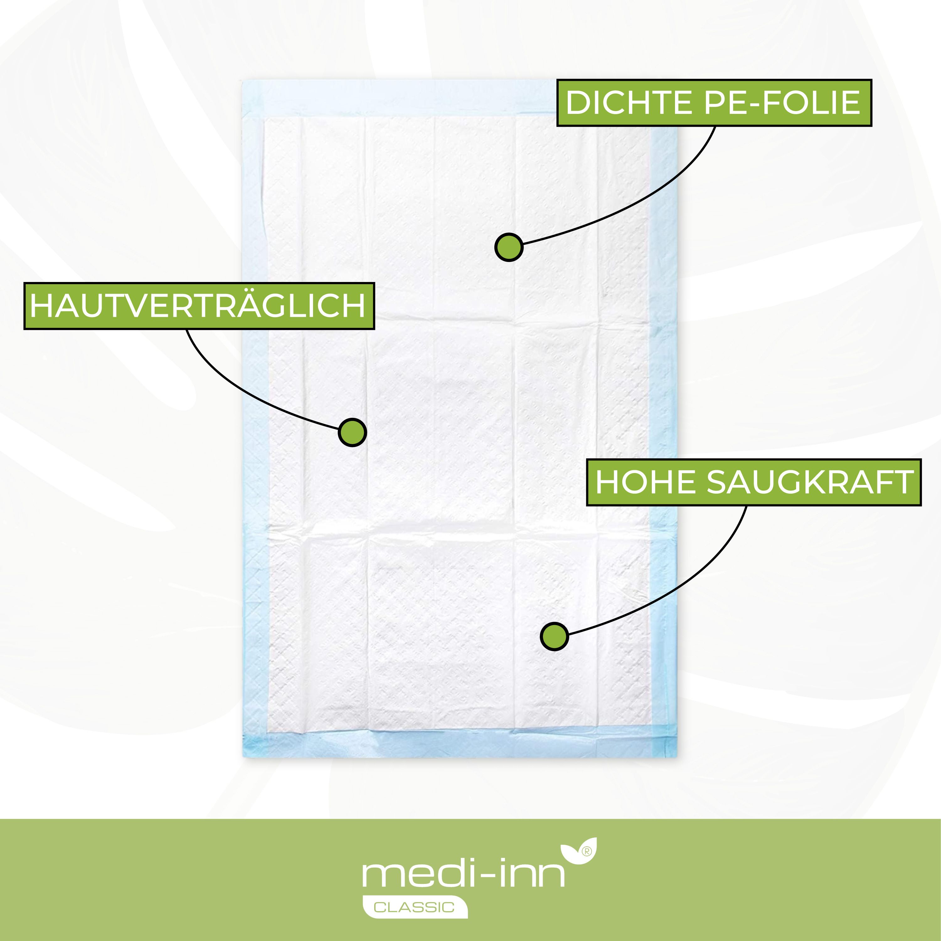 Krankenunterlage mit Text: Hautverträglich, hohe Saugkraft, dichte PE-Folie. Marke: medi-inn classic.
