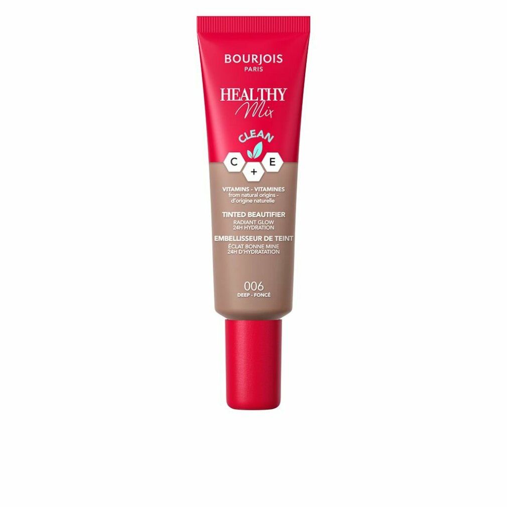 Tube Bourjois Healthy Mix Beautifier, Farbton 006. Roter Deckel, Schriftzug. Enthält Vitamine C und E.