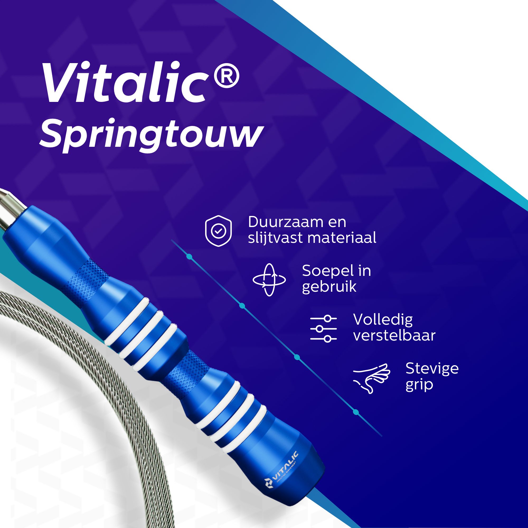 Blaues Springseil mit weißen Streifen. Text: VITALIC Springtouw. Merkmale: langlebiges Material, geschmeidig, verstellbar, fester Griff.