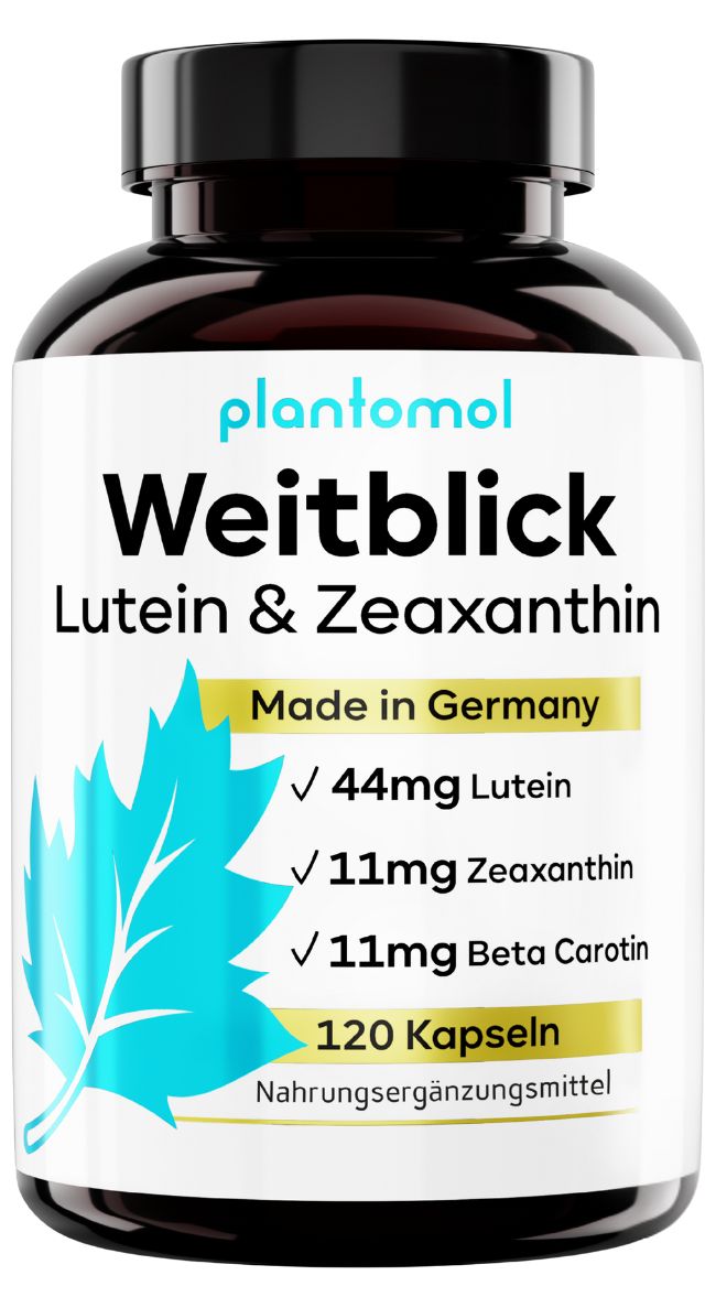 Braune Flasche mit weißen Etikett. Aufschrift: plantomol Weitblick Lutein & Zeaxanthin. Enthält 120 Kapseln. Made in Germany.