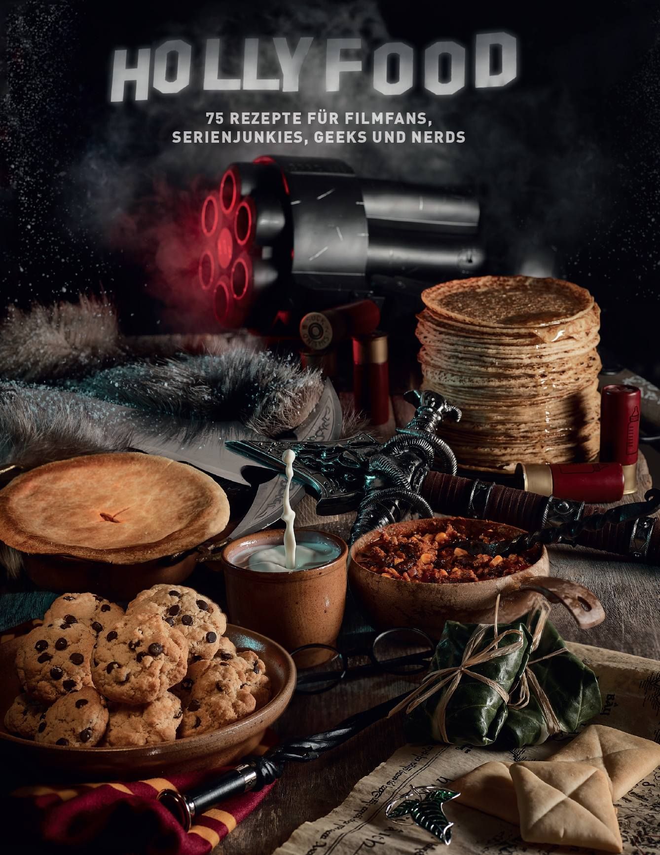 Buch HOLLYFOOD. Titel in Großbuchstaben. 75 Rezepte für Filmfans, Serienjunkies, Geeks und Nerds. Essen auf Tisch, Waffe, Pfannkuchen.