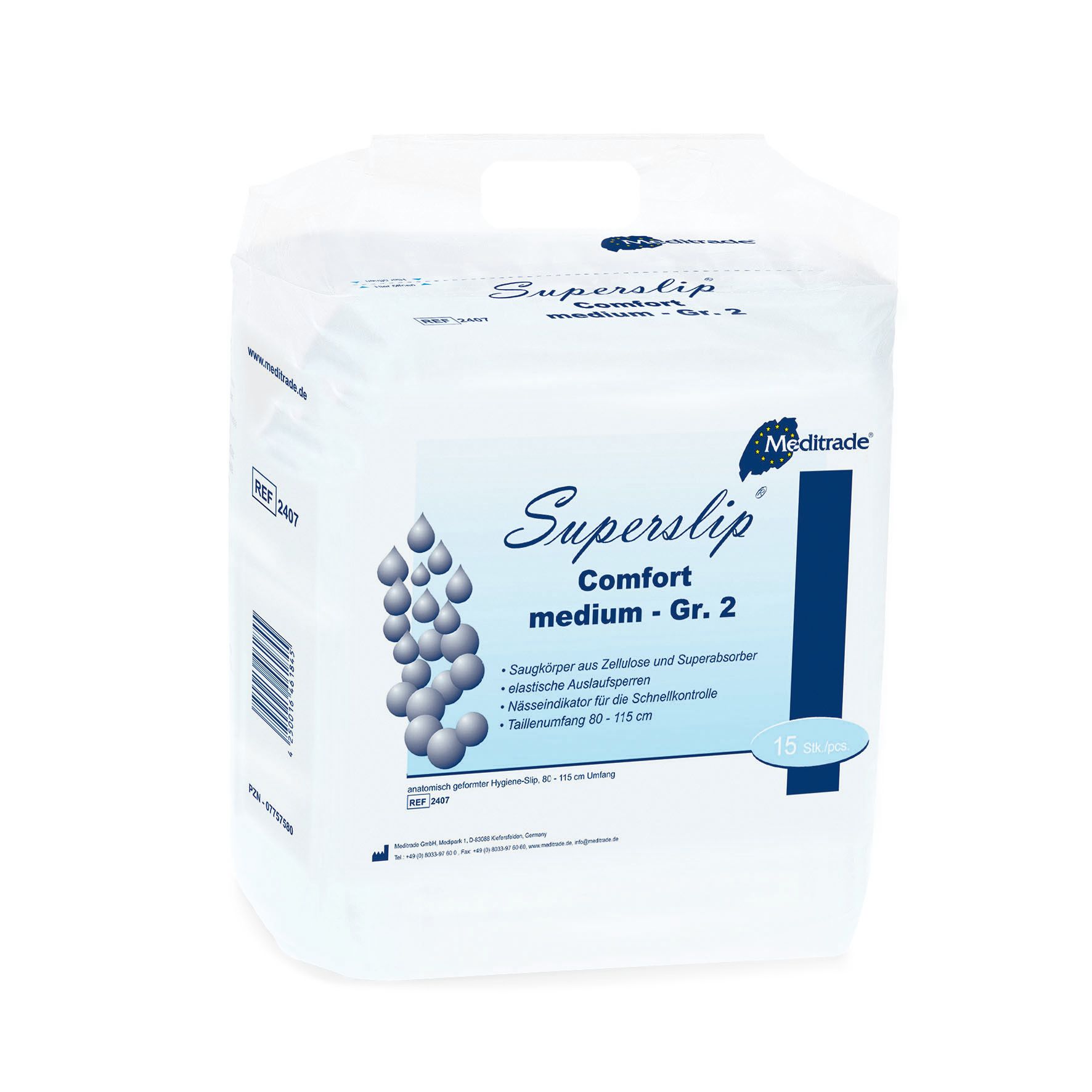 Weiße Verpackung mit Produktnamen Superslip Comfort medium - Gr. 2. Meditrade Logo. 15 Stück.