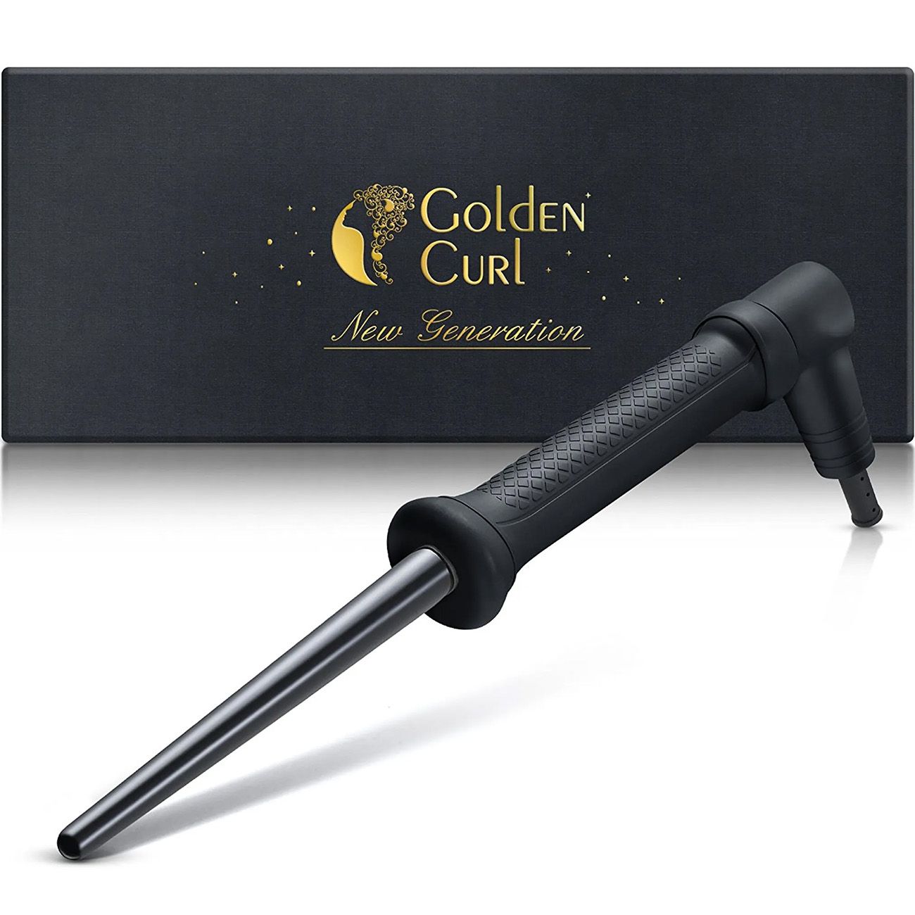 Schwarzer Lockenstab mit schwarzer Verpackung. Goldener Schriftzug: Golden Curl, New Generation.