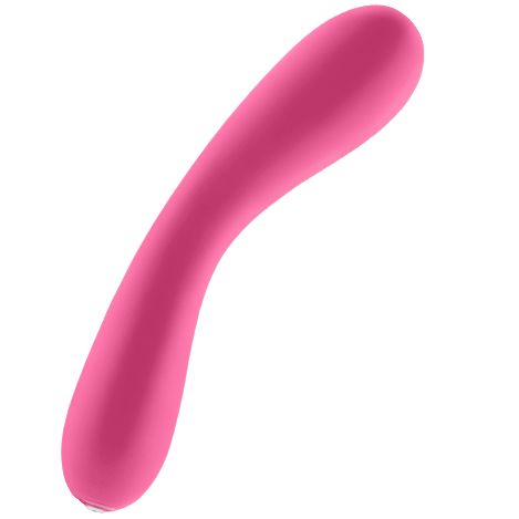 Pinkfarbener Vibrator mit geschwungener Form. Glatte Oberfläche.