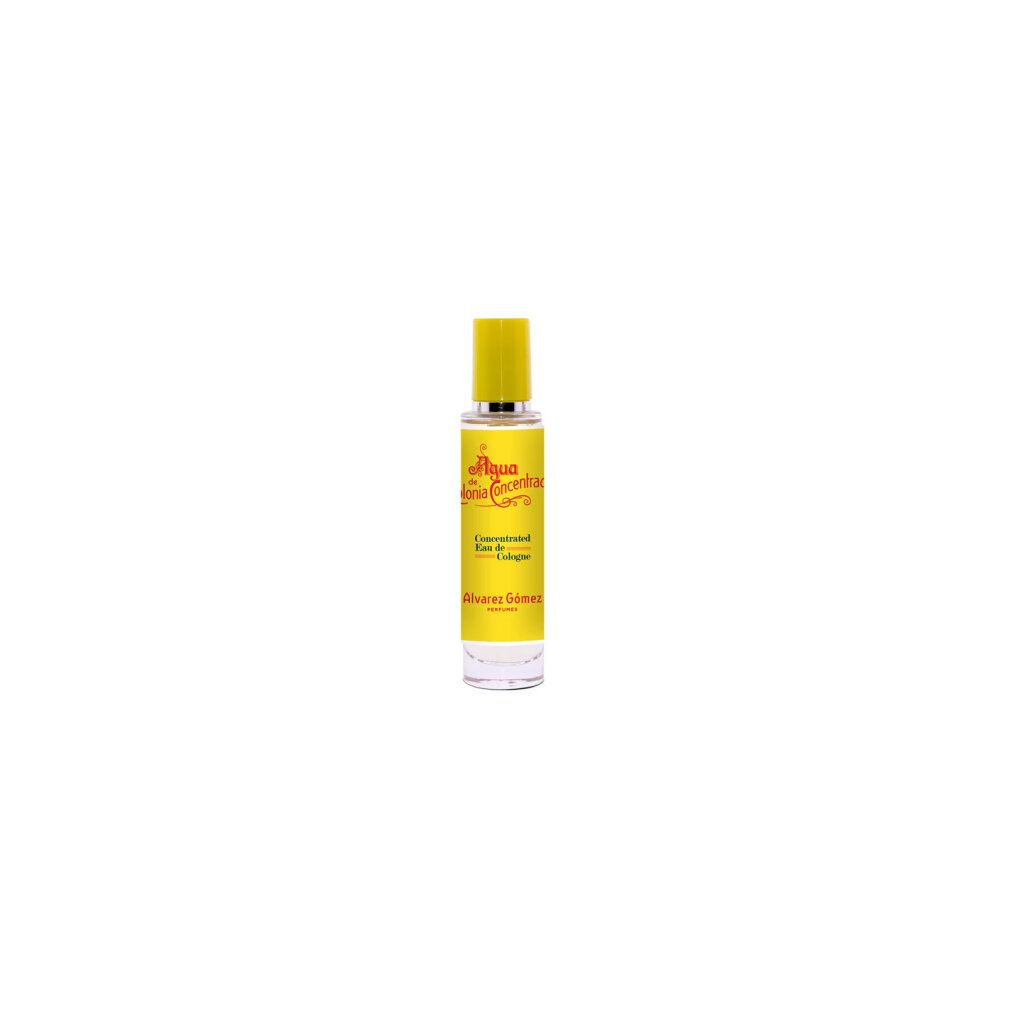 Flakon Alvarez Gómez Eau de Cologne. Gelber Aufkleber mit Text: Agua de Colonia Concentrada, Concentrated Eau de Cologne, Alvarez Gómez.
