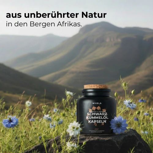 Schwarzkümmelöl Kapseln Dose in bergiger Landschaft mit blühenden Pflanzen.