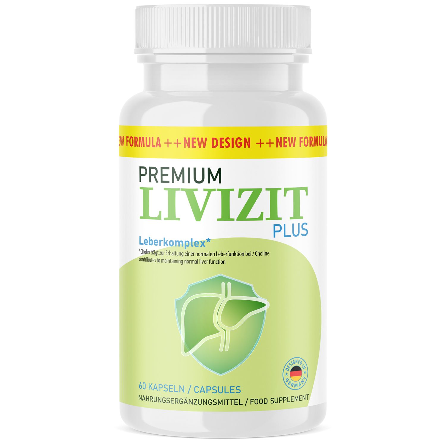 Weiße Flasche mit Kapseln. Aufschrift: PREMIUM LIVIZIT PLUS, Leberkomplex. 60 Kapseln. Grün-weißes Etikett mit Leber-Symbol. Deutscher Flaggen-Aufkleber.