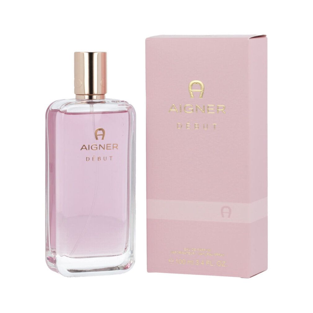Rosa Flakon mit goldfarbenem Verschluss und rosa Verpackung. Aufschrift: AIGNER DÉBUT. Eau de Parfum.