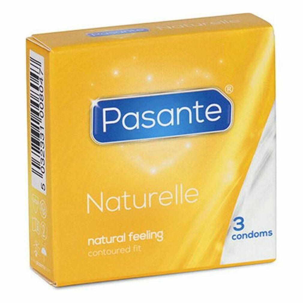 Gelbe Schachtel mit Pasante Naturelle Kondomen. Enthält 3 Kondome. Aufschrift: natural feeling contoured fit.