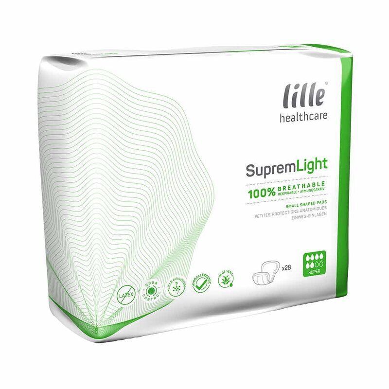 Weiße Verpackung mit grünen Akzenten. Text: Lille healthcare, SupremLight, 100% atmungsaktiv. Enthält 28 Einlagen. Super.