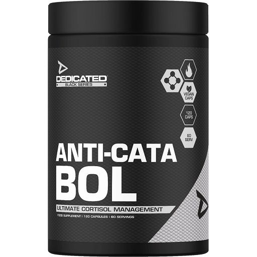 Schwarze Dose mit weißer Aufschrift. "Dedicated" und "Anti-Cata-Bol" sind sichtbar. Enthält 120 Kapseln. Vegan.