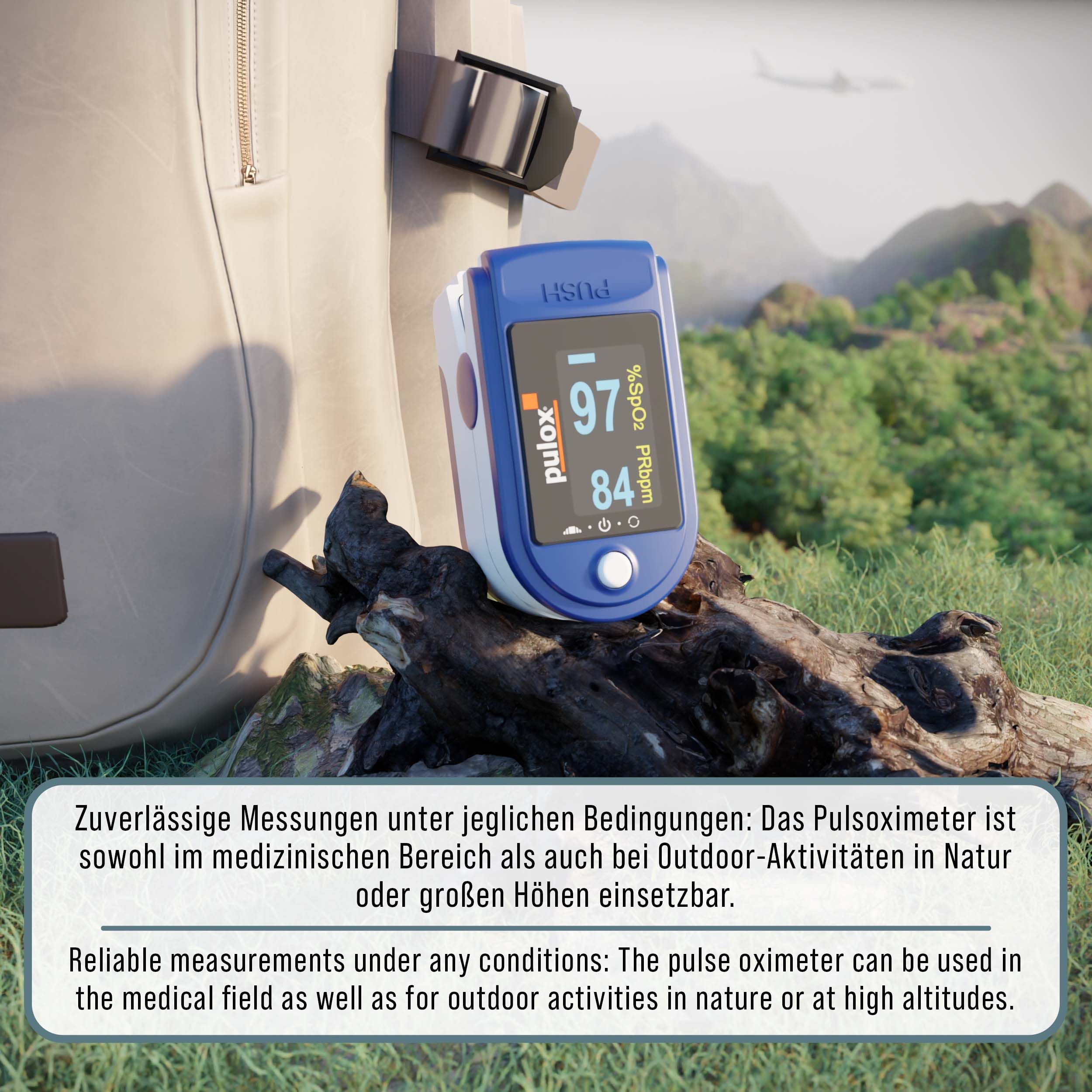 Blaues Pulsoximeter in Naturumgebung. Zeigt %SpO2 und PRbpm an. Text: Zuverlässige Messungen unter allen Bedingungen.