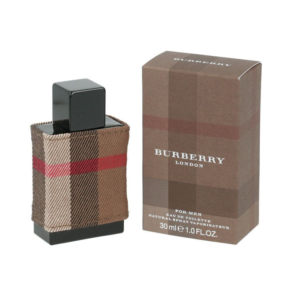 Burberry London Men Eau de Toilette Spray und Verpackung. Flakon mit kariertem Stoff. Braune Schachtel mit Logo.