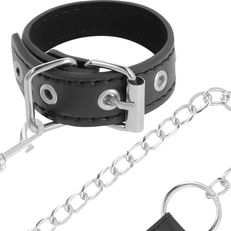 Schwarzes Lederhalsband mit Metallschnalle und Kette.