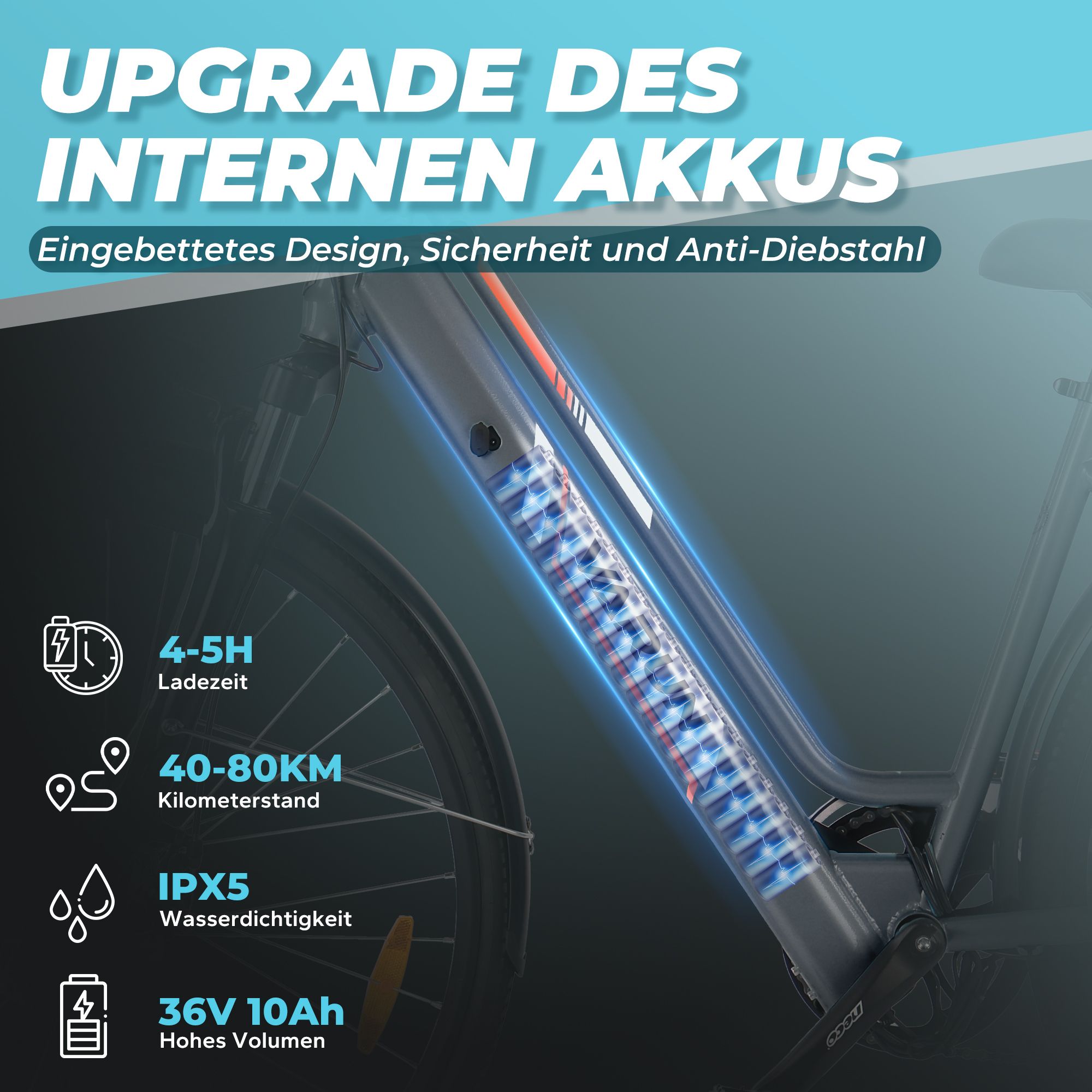 E-Bike-Rahmen mit eingebautem Akku. Text: 4-5H Ladezeit, 40-80KM Reichweite, IPX5 Wasserdichtigkeit, 36V 10Ah Hohes Volumen.