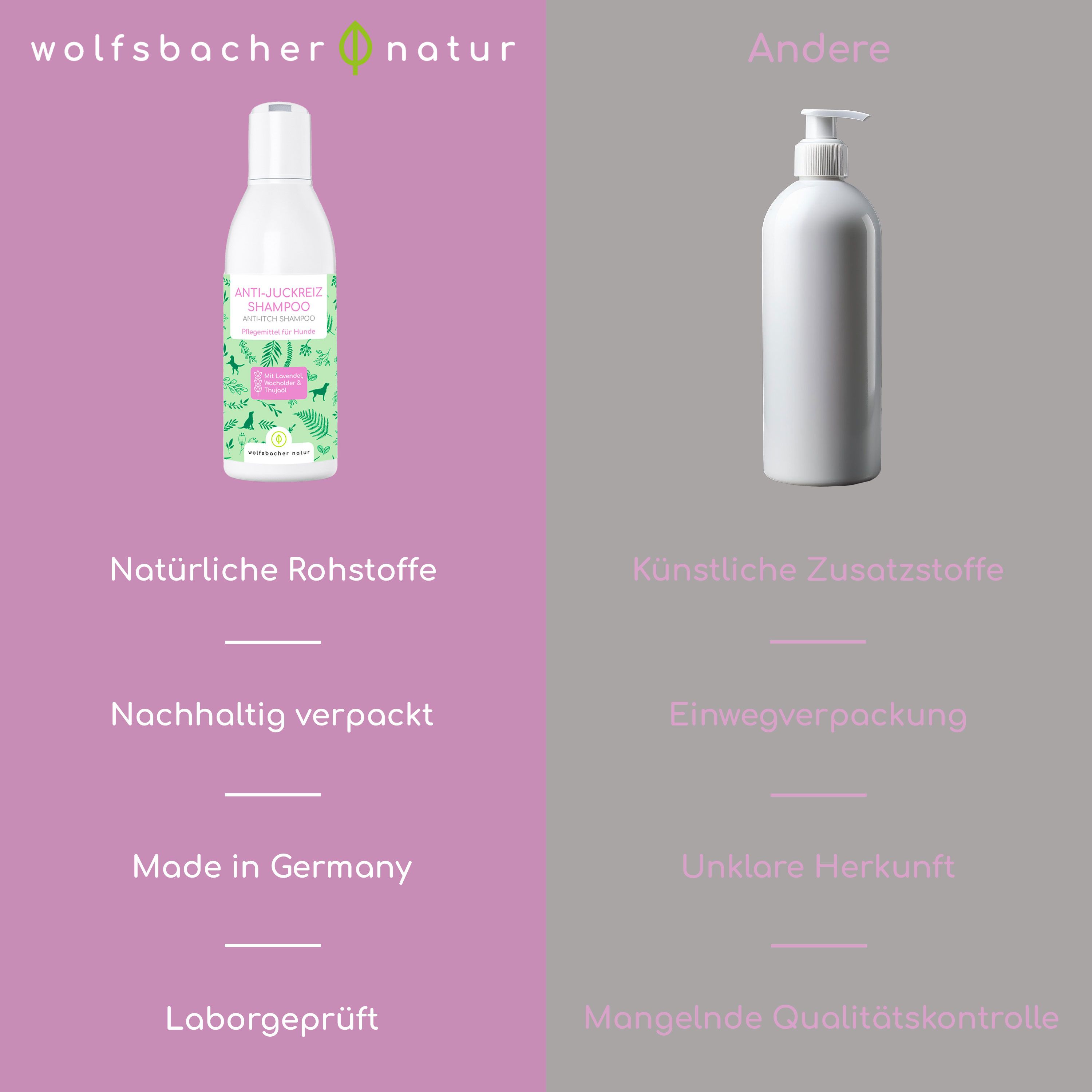 Vergleich: Wolfsbacher Natur Shampoo vs. anderes Produkt. Natürliche Rohstoffe, nachhaltig verpackt, Made in Germany, Laborgeprüft.