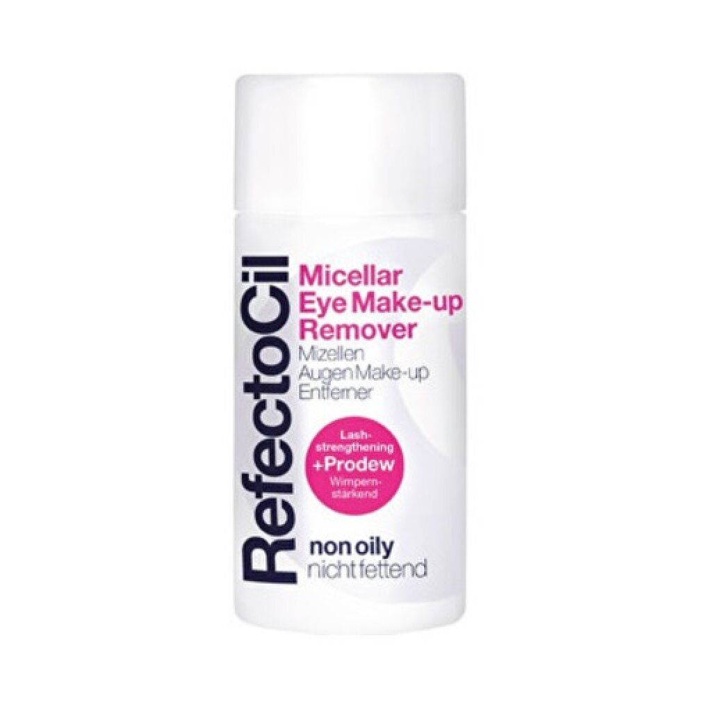 Weiße Flasche mit pinkfarbenem Text 'Micellar Eye Make-up Remover' und RefectoCil-Logo. Enthält 150ml.