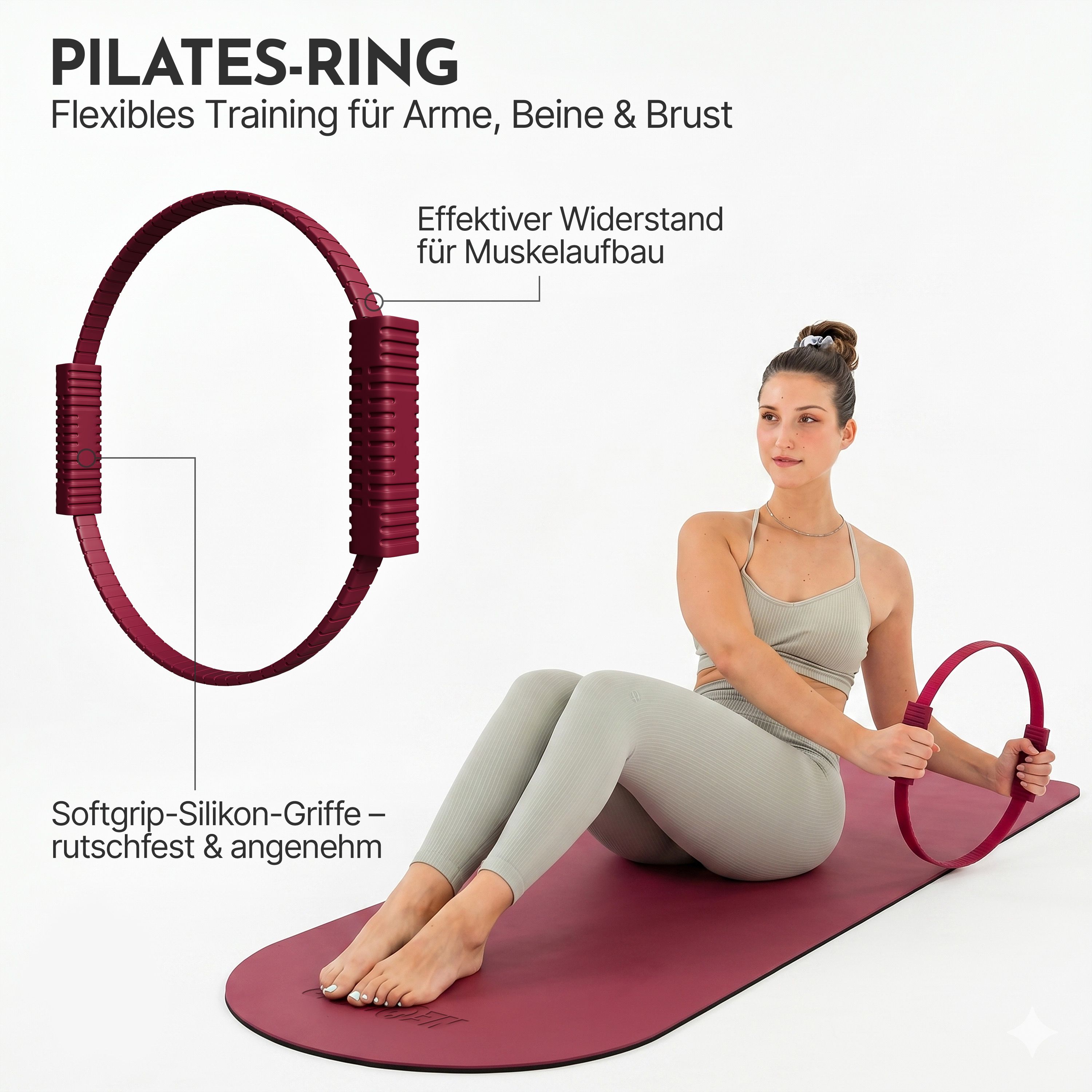 Roter Pilates-Ring von NEOLYMP mit Softgrip-Griffen für flexibles Training.