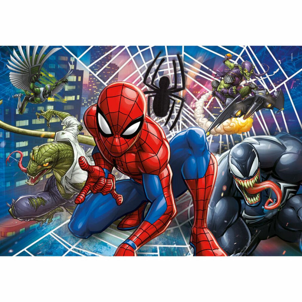 Puzzle mit Marvel Spiderman-Motiv. 30 Teile. Spiderman und Schurken vor Stadtkulisse. Marke: Clementoni.