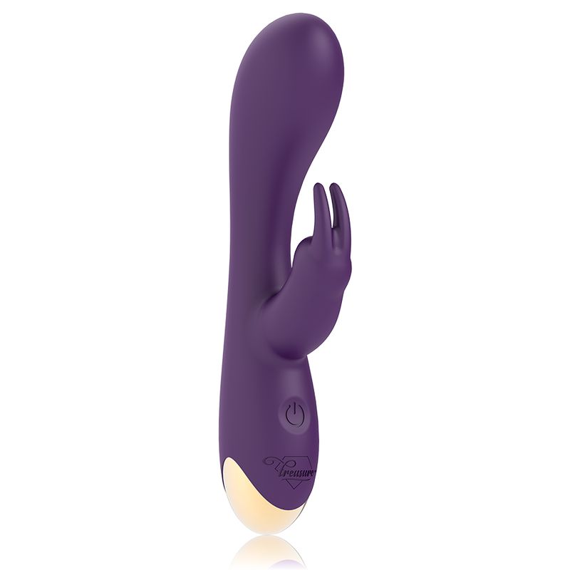 Lila Rabbit Vibrator. Ergonomisches Design mit gebogener Form und Kaninchenohren. Goldfarbener Bereich an der Basis. Ein/Aus-Taste.