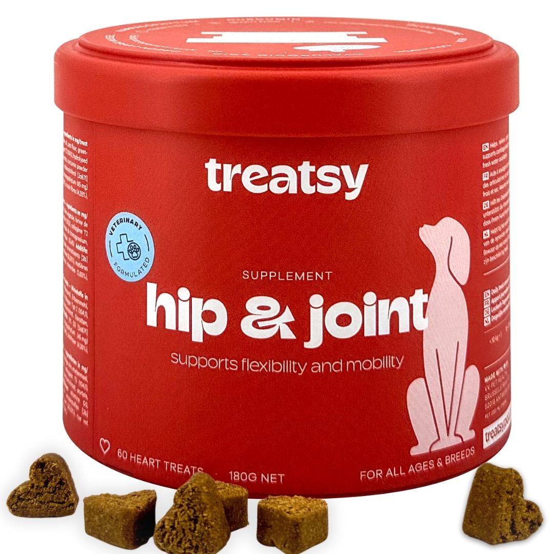 Rote Dose mit "Treatsy"-Logo und "hip & joint"-Aufschrift. Herzförmige Leckerlis liegen daneben.