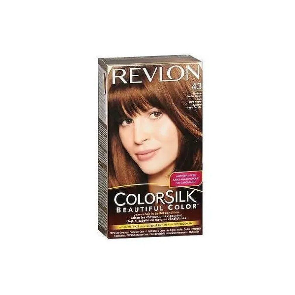 Revlon Colorsilk Haarfarbe, Farbton 43 Medium Golden Brown. Verpackung mit Abbildung einer Frau mit braunem Haar. Winkelansicht.