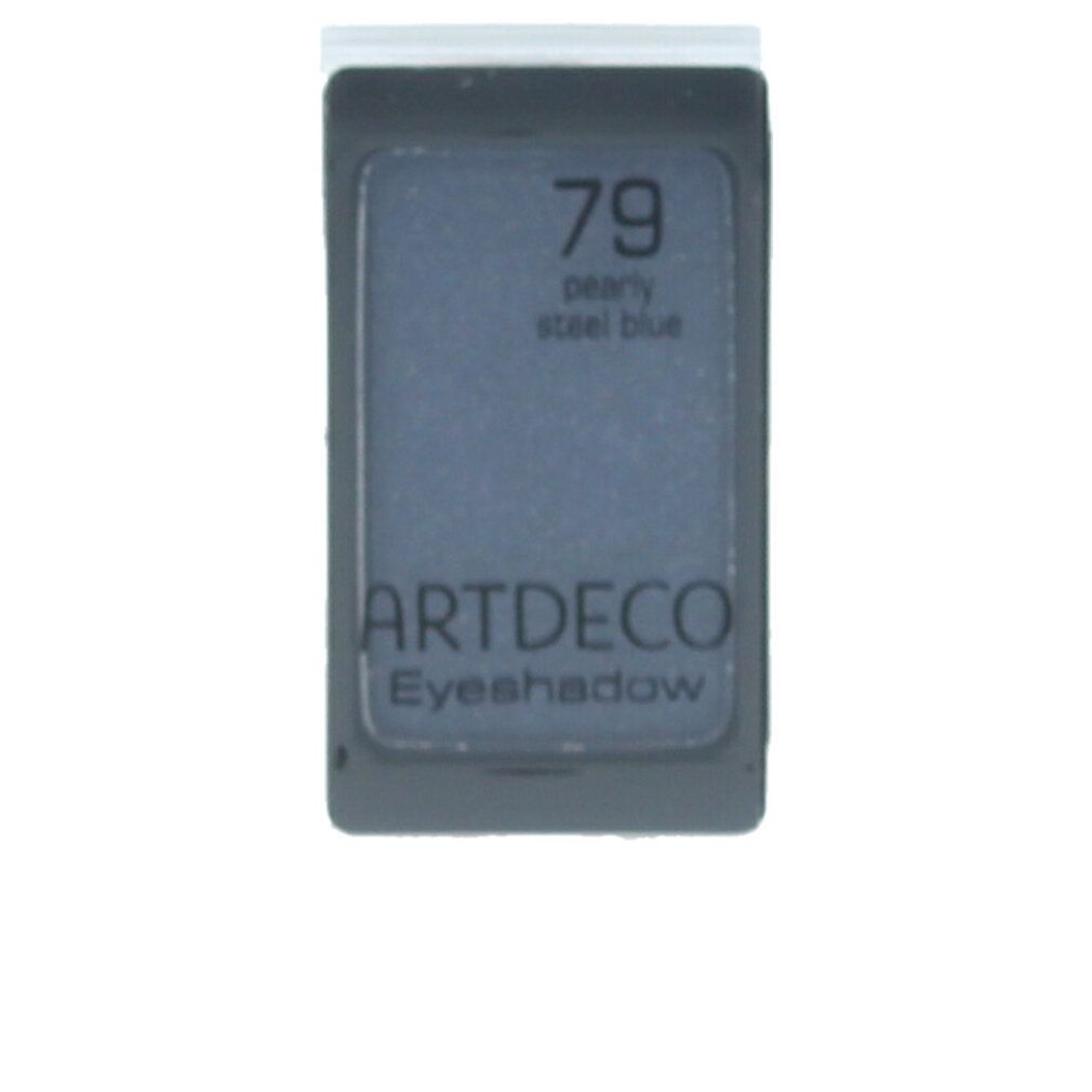 Artdeco Lidschatten Pearlfarben, Farbton 79, perlmutt-stahlblau, in dunkler Hülle. Text: ARTDECO Eyeshadow.