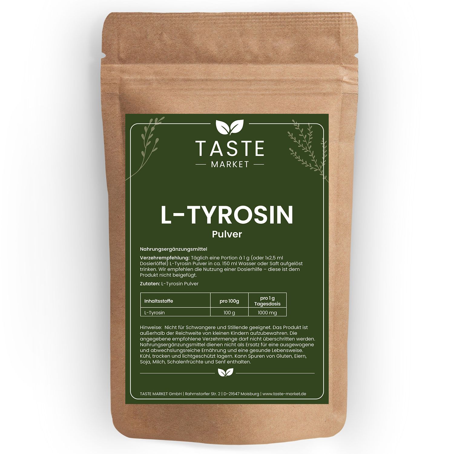 Braune Papiertüte mit L-Tyrosin Pulver von Taste Market. Enthält Nährwertangaben und Inhaltsstoffe.