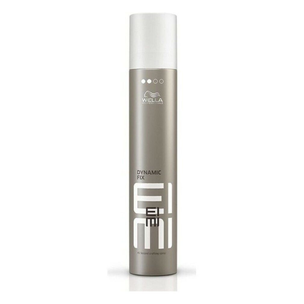Zylindrische Dose mit weißem Deckel. Aufschrift: Dynamic Fix, EIMI, Wella. Beige-braune Farbe. Sprühflasche.
