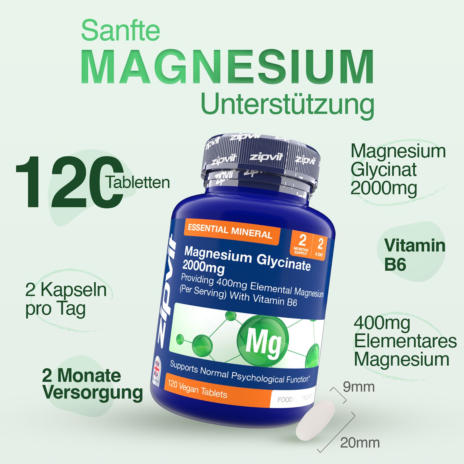 Blaue Flasche mit Magnesium Glycinat 2000mg. Enthält 120 Tabletten. Mit Vitamin B6. Tablette daneben.