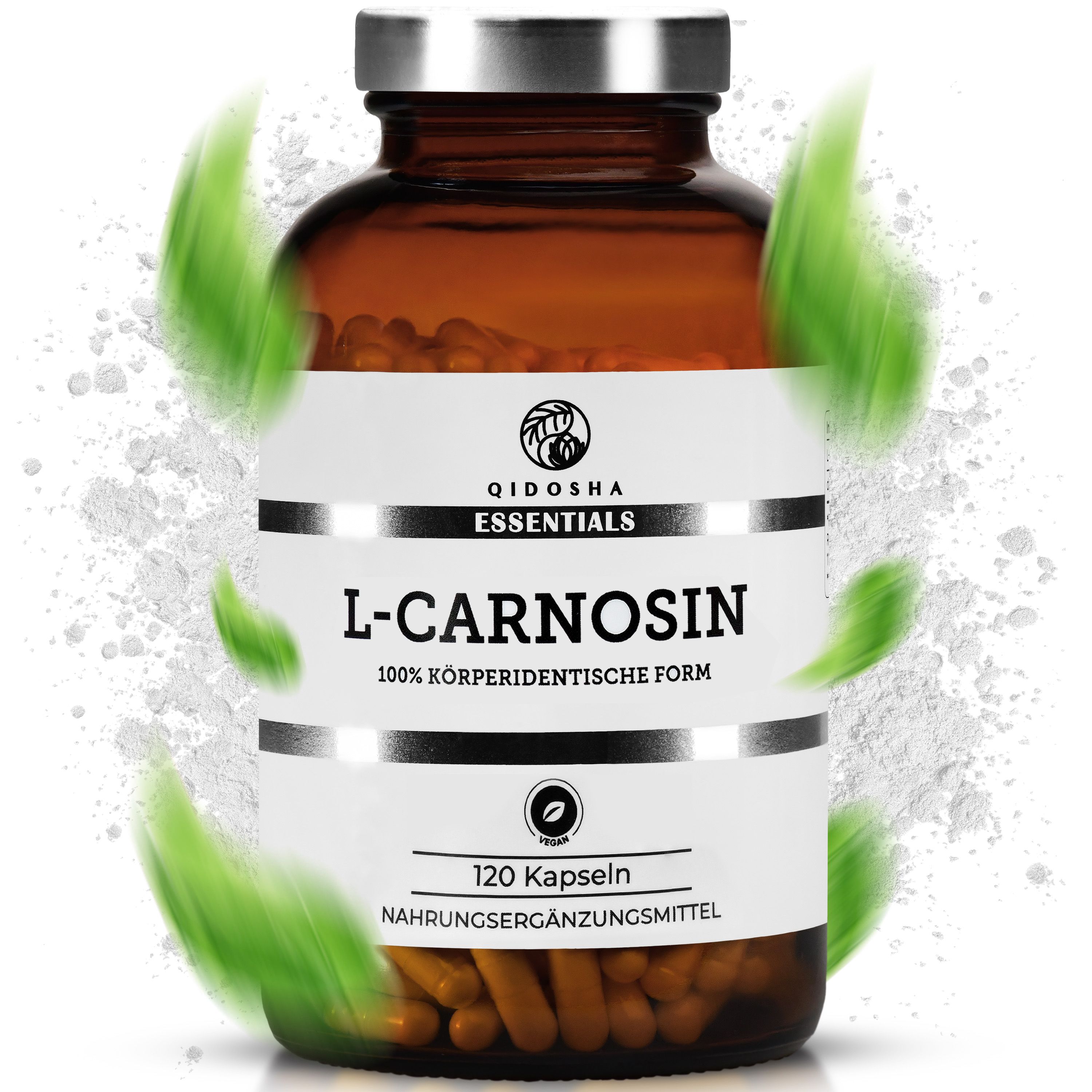Braune Glasflasche mit weißen Etiketten. Aufschrift: QIDOSHA Essentials, L-Carnosin, 120 Kapseln. Grüne Blätter und weißer Hintergrund.