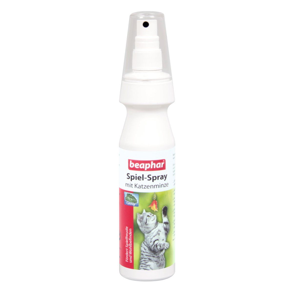 Weiße Sprühflasche mit transparentem Deckel. Aufschrift: beaphar Spiel-Spray mit Katzenminze. Abbildung einer Katze.