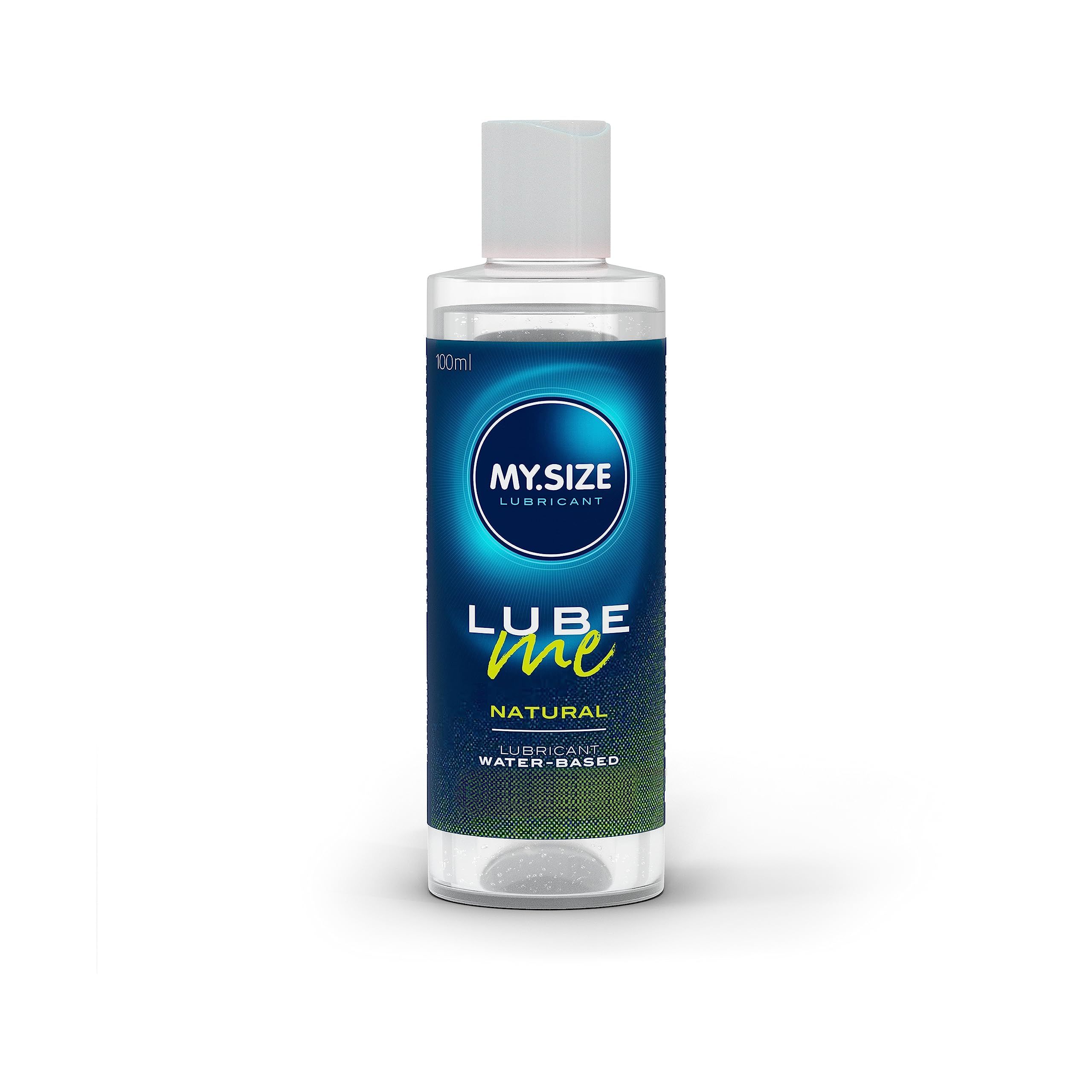 My.Size Lube Me Natural Gleitmittel in durchsichtiger Flasche mit blauem Etikett.