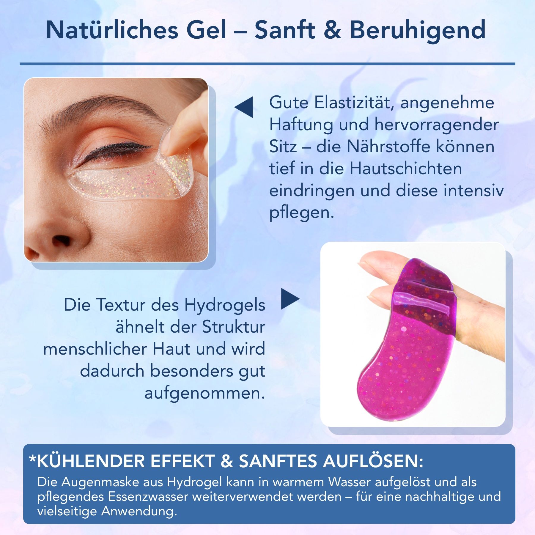 Nahaufnahme einer Hand, die ein Augenpad anhebt. Text: Natürliches Gel - Sanft & Beruhigend. Textur des Hydrogels.