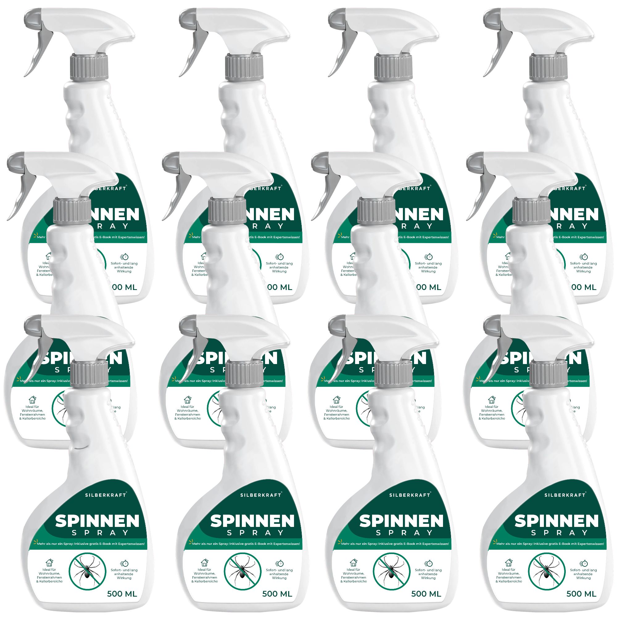 Zwölf weiße Sprühflaschen mit grünen Etiketten, die Spinnen und die Aufschrift "SPINNEN SPRAY 500 ML" zeigen.