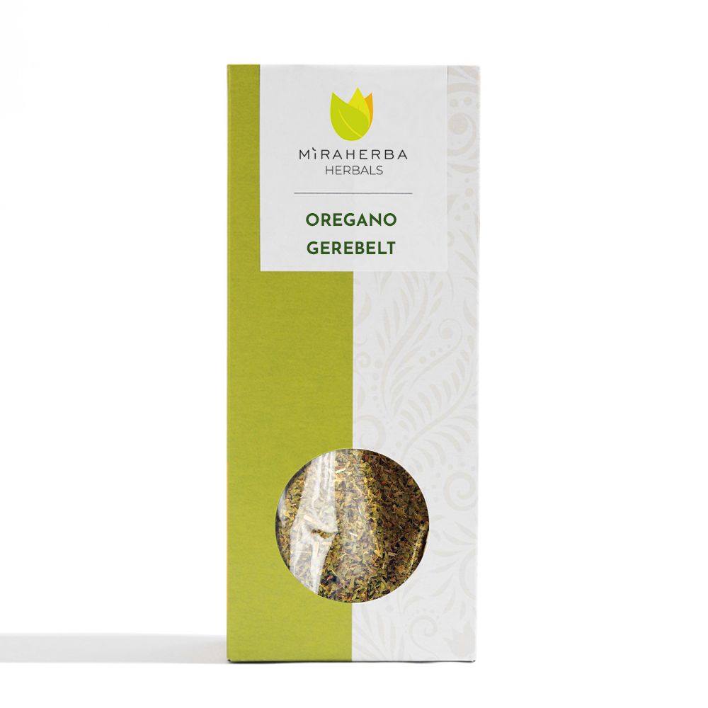 Verpackung mit Oregano gerebelt. Marke Miraherba Herbals. Sichtfenster mit Inhalt.